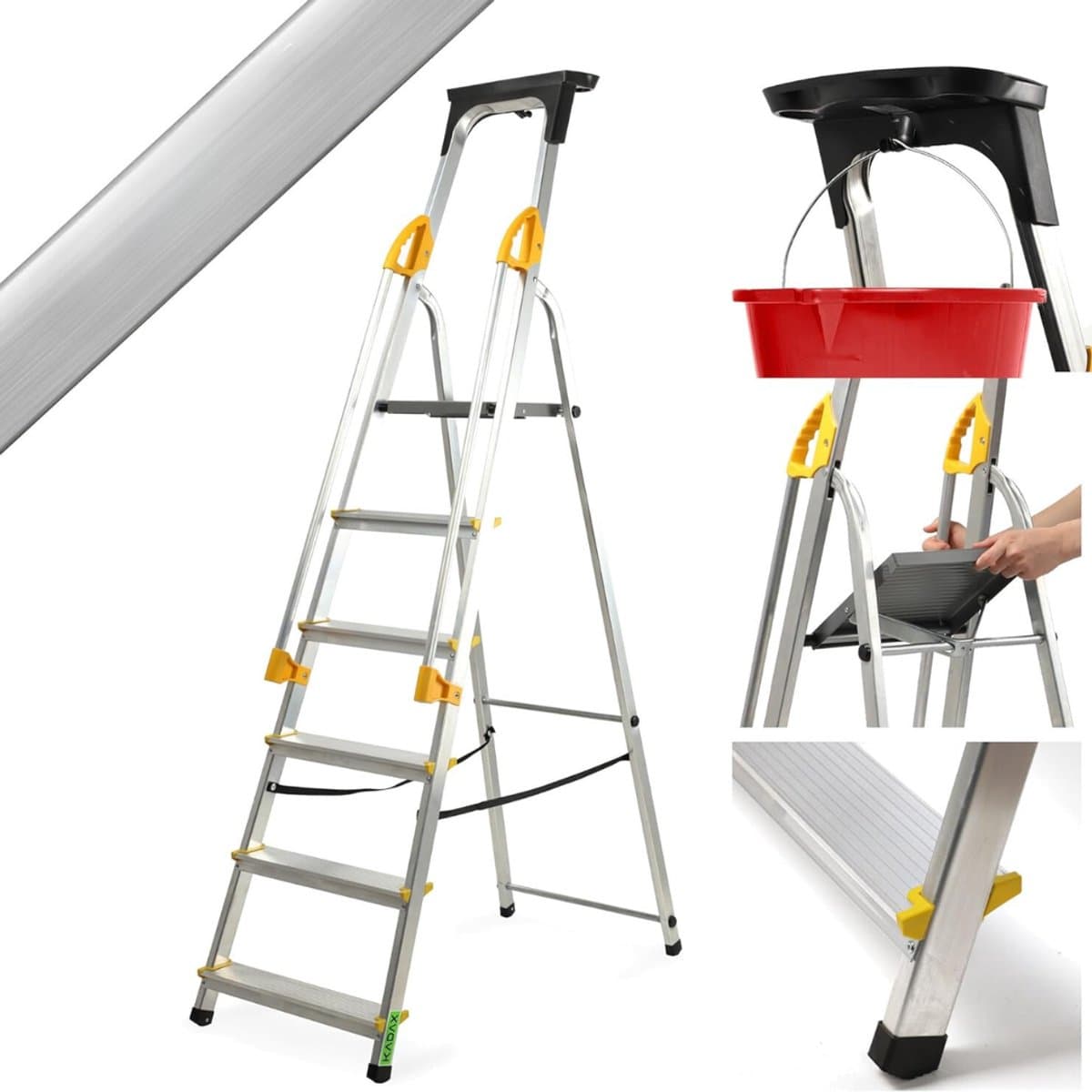 Florixa® Huishoudtrap 6 Treden - Keukentrapje Basic Anti-Slip - Keukentrap Inklapbaar – Zilver - ‎103x 48x 18cm; 6 kg