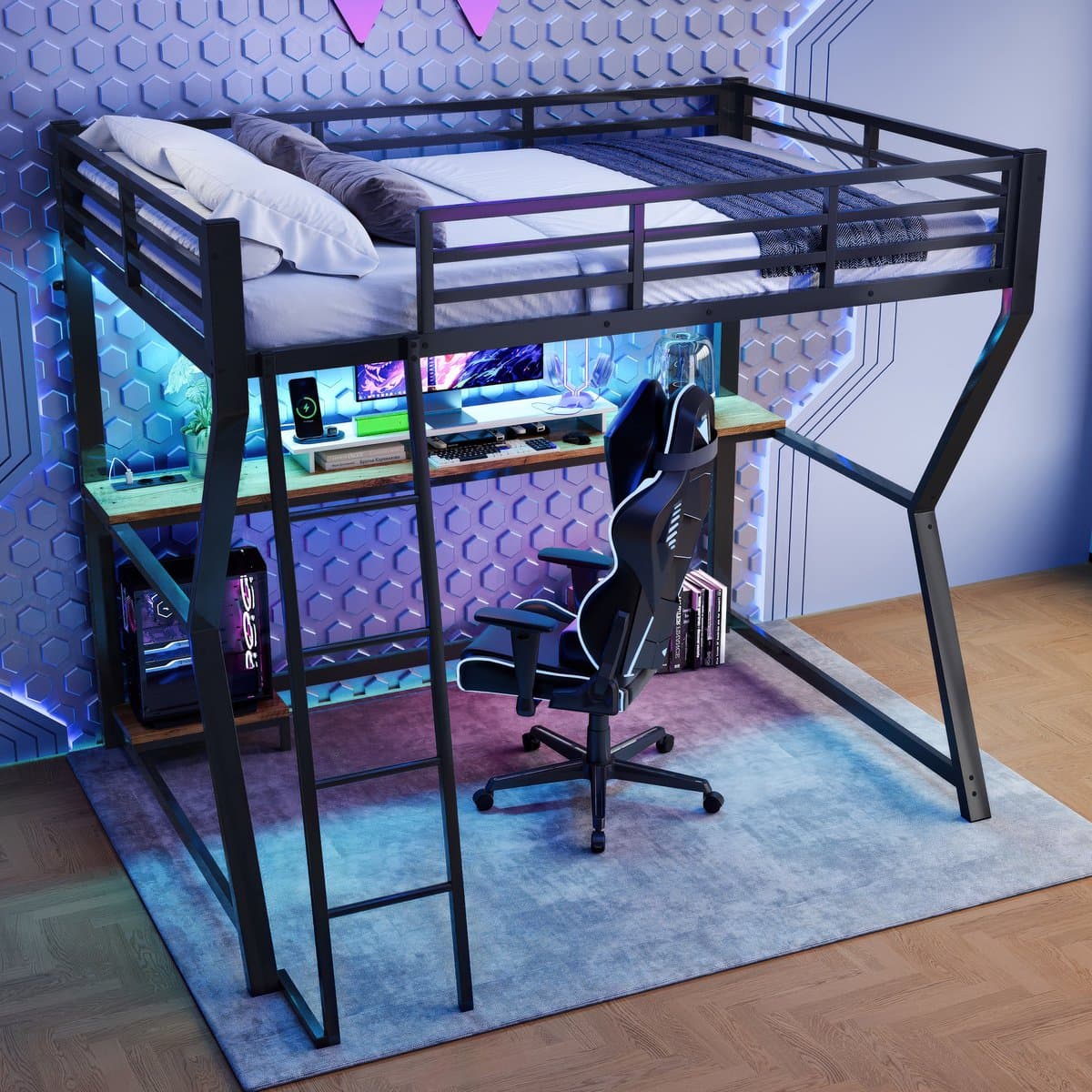 OKWISH Hoogslaper 90x200 Cm – Met Led Verlichting En Bureau – Met Stopcontact En Usb – Met Trap En Valbeveiliging – Metaal En Mdf – Zonder Matras – Zwart