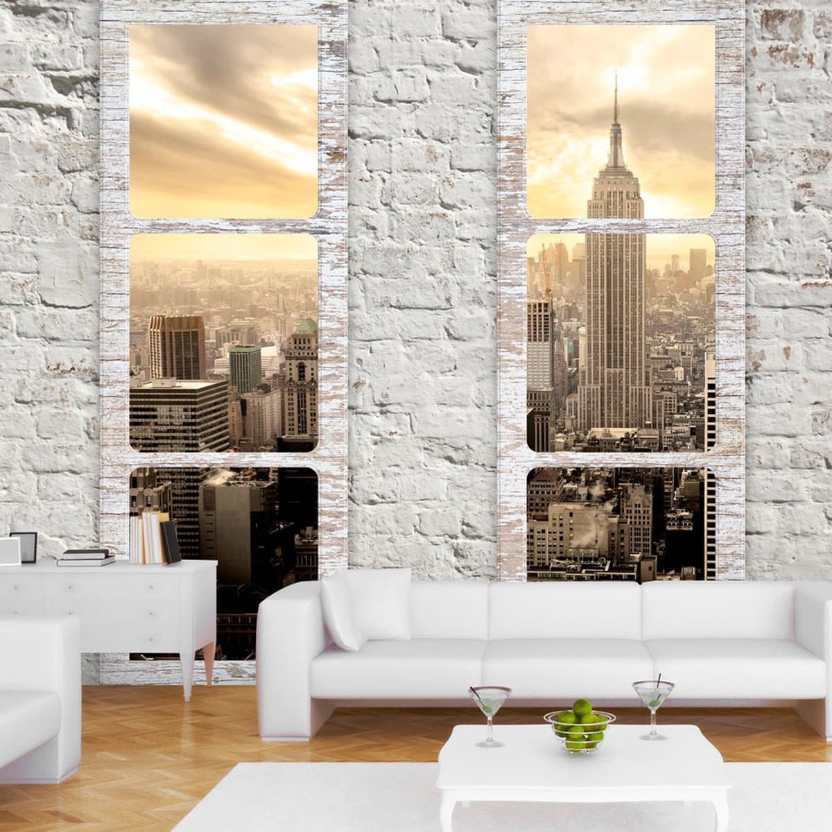 147cm X 105cm - Zelfklevend fotobehang -  New York achter witte ramen  , Premium Print