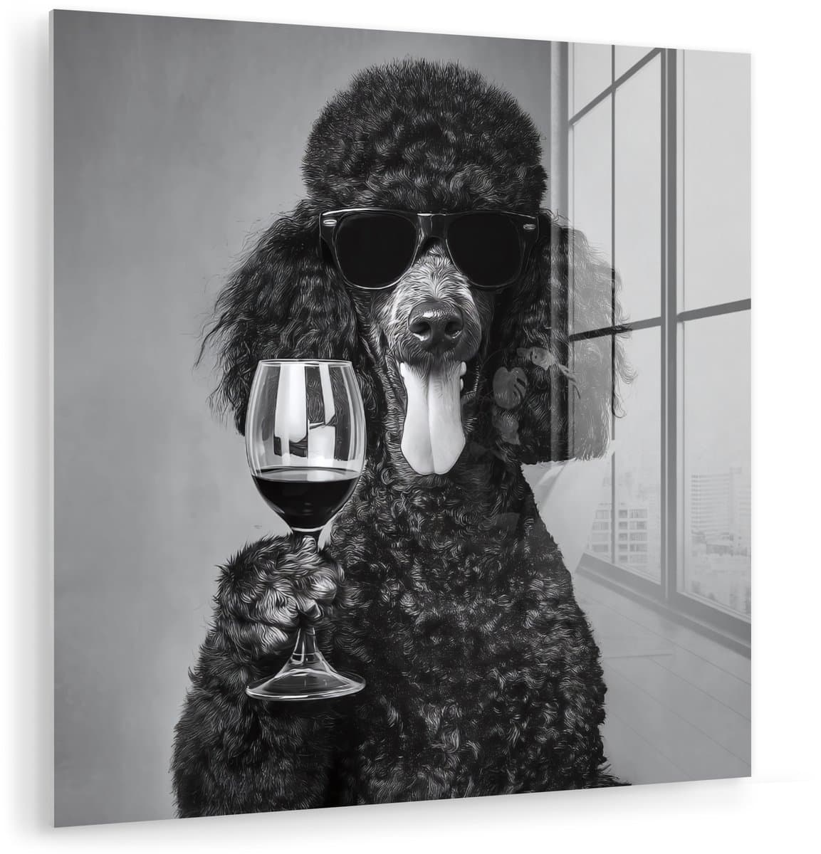 MuchoWow® Glasschilderij 50x50 cm - Schilderij acrylglas - Hond - Krullen - Zonnebril - Wijn - Foto op glas - Muurdecoratie woonkamer - Wanddecoratie slaapkamer - Schilderijen