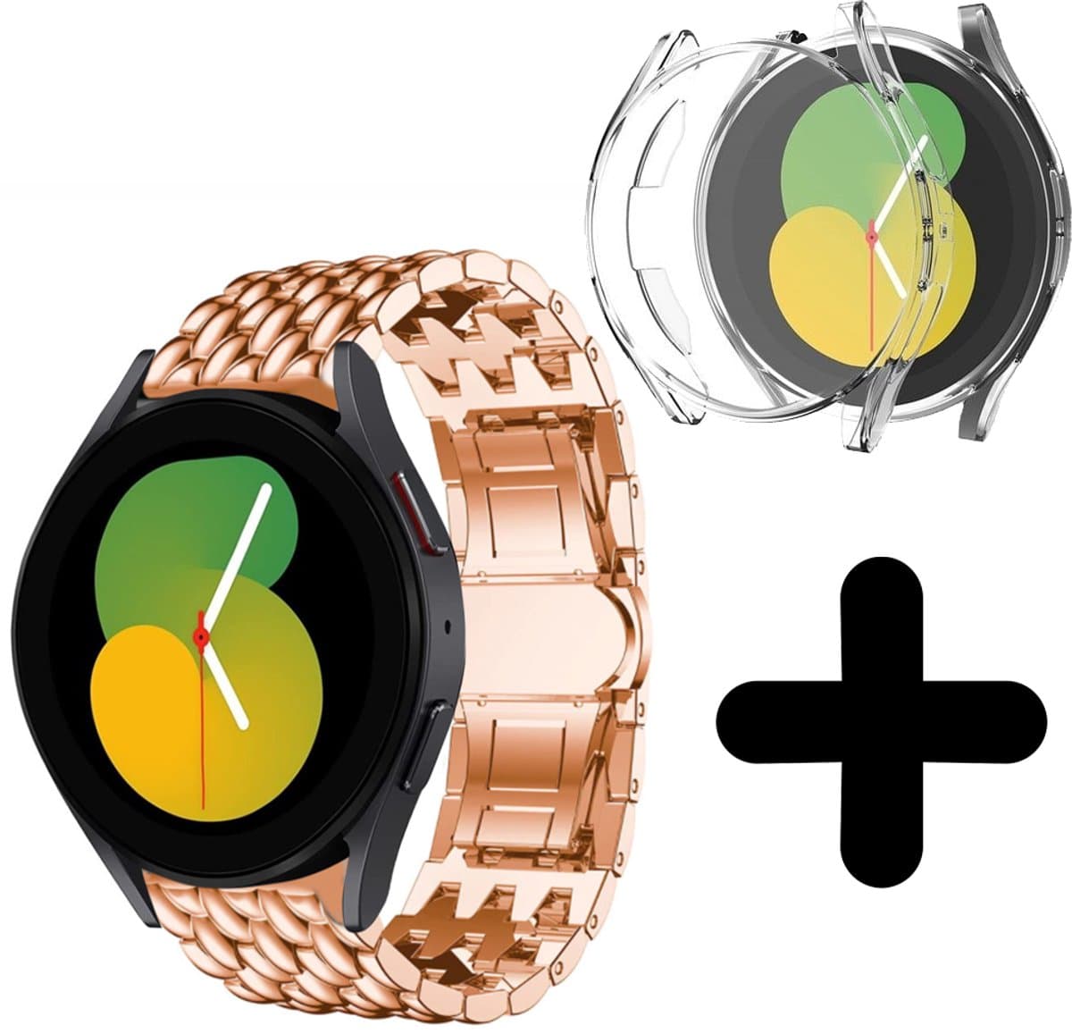 Strap-it bandje geschikt voor Samsung Galaxy Watch 5 - 40mm stalen draak bandje (roségoud) - Bandje staal metaal metalen Galaxy Watch 5 40 mm - Incl. screenprotector case bescherming - Hoesje beschermhoes beschermer - Transparant full cover hardcase