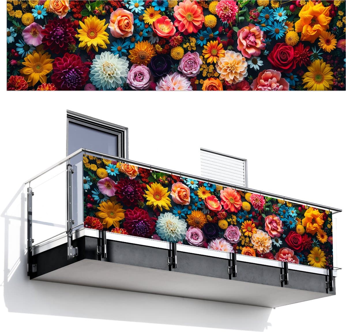 Balkonscherm 300x80 cm - Balkonposter Bloemen - Planten - Kleurrijk - Balkon scherm decoratie - Balkonschermen - Balkondoek zonnescherm