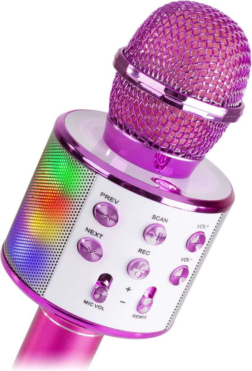 Karaoke microfoon - karaoke set - MAX KM15P draadloze karaokemicrofoon met ingebouwde LED's, speaker, Bluetooth, selfiefunctie mp3, echo effect & stemvervormer - Roze