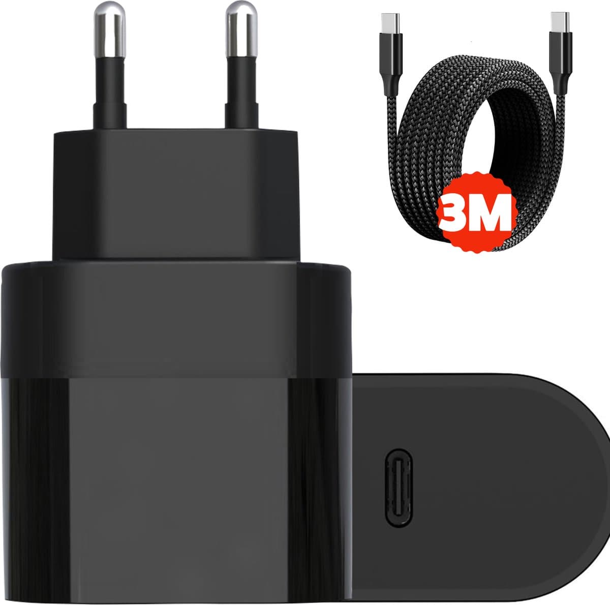 Gecertificeerde USB C Adapter met 3 Meter USB C naar USB-C Oplaadkabel - 20W Snellader