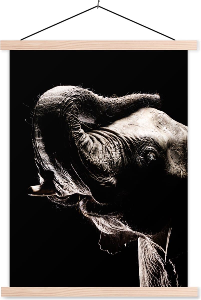 Posterhanger incl. Poster 40x53 cm - Schoolplaat - Olifant - Zwart - Dieren - Portret - Textielposter - Blanke latten