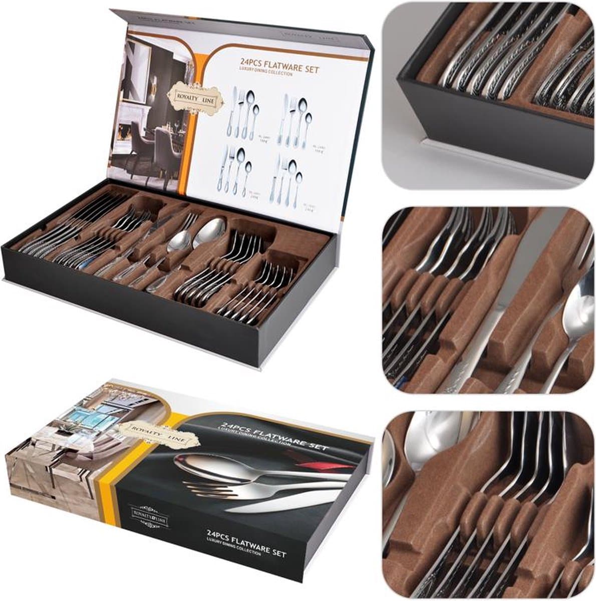 Royalty Line® 24M1 Bestekset 6 Persoons - Luxe 24 Delig Bestek Set Voor 6 Personen Met Geschenkdoos - Vaatwasserbestendig - Edelstaal 18/10 - Classic Design Besteksets - Zilver