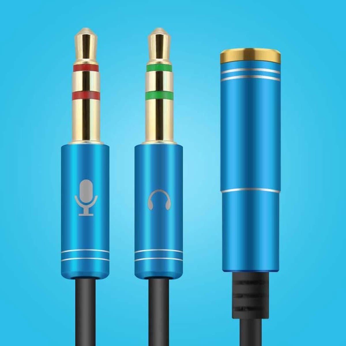 3.5mm Jack Aux Female Dual Male Headset Microfoon 4-Pin Audio Splitter - Blauw
