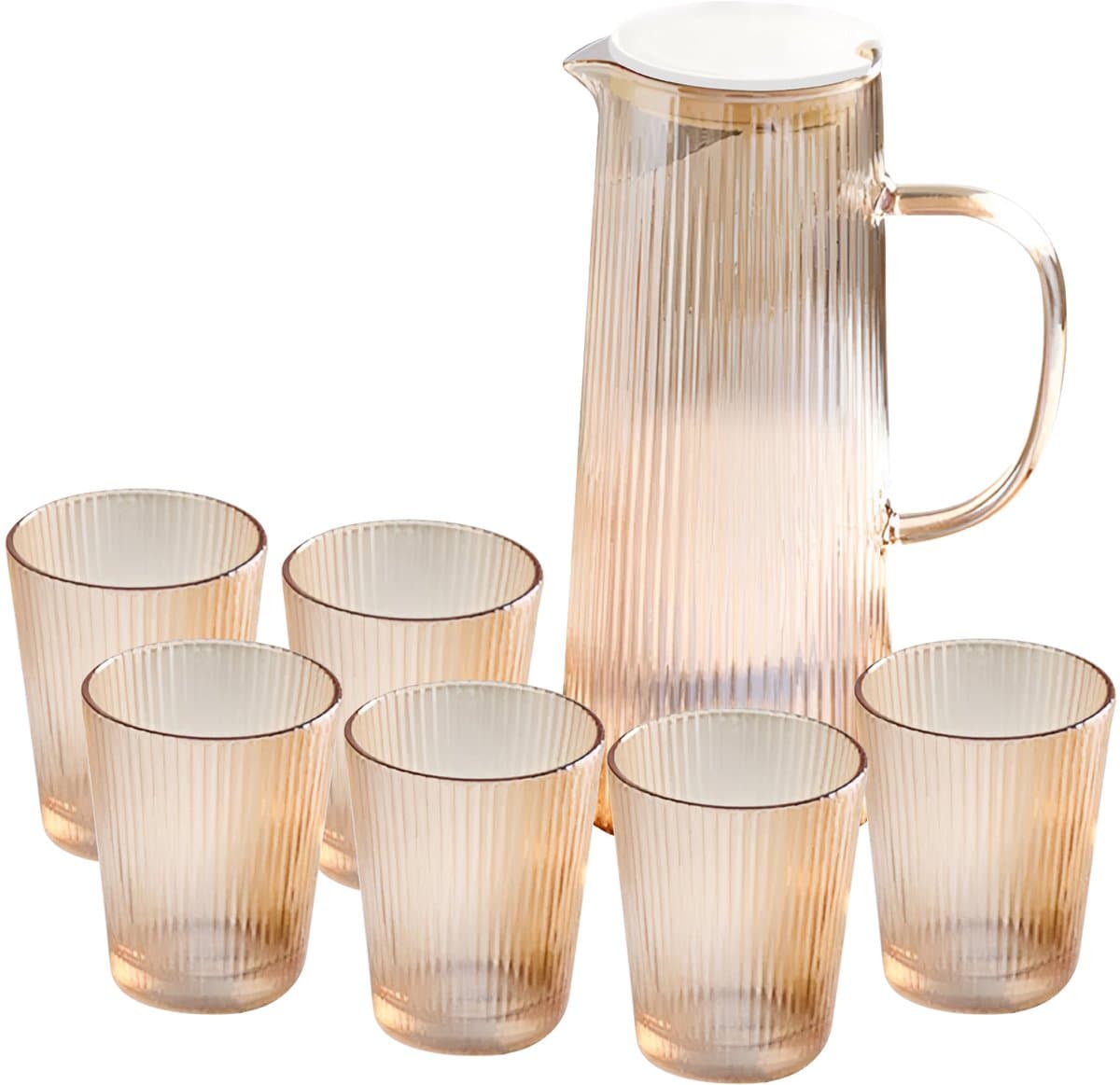 Cheffinger, Karaf 1.3L met Schenktuit en 6 Bijpassende Glazen 250ml Streepmotief, Transparant