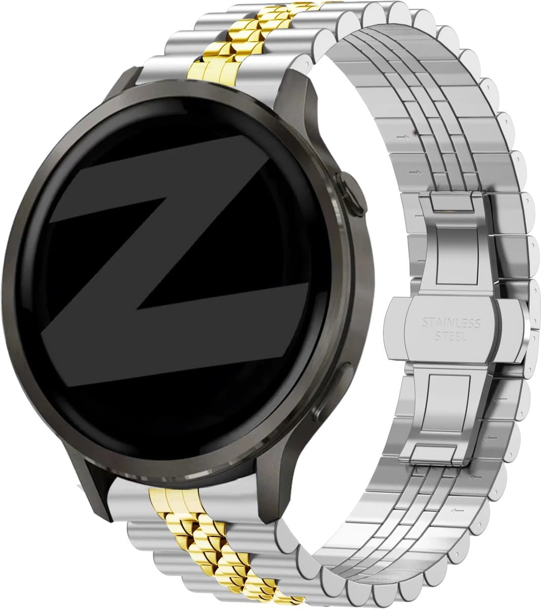 Bandz Stalen Band ‘Jubilee’ 18mm – luxe, stevig, tijdloos – geschikt voor Garmin Vivoactive 4s/Vivomove 3s/Venu 2s/Venu 3s/Forerunner 255s/Forerunner 265s/Venu 4 (41mm) – Zilver/Goud
