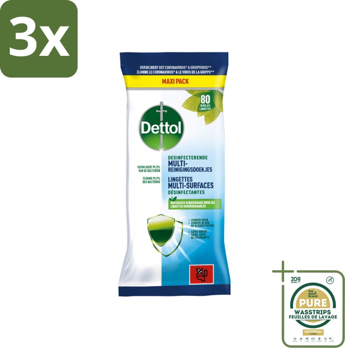3 x Dettol - Multi-Reinigingsdoekjes - Desinfecterend - Zonder Bleek & Geurstoffen - Biologisch Afbreekbaar - 80 Doekjes - Grootverpakking - Dettol Multi-Reinigingsdoekjes - Hygiëne - Reinigingsdoek - Keukenvet Verwijderen - Zeepresten Verwijderen