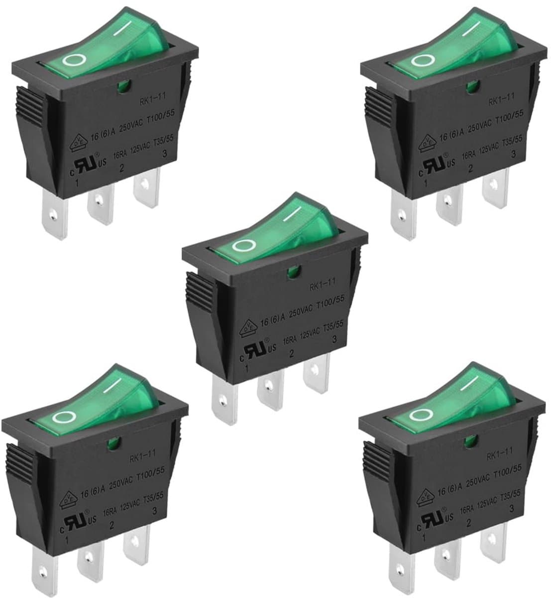 Set van 5 tuimelschakelaars ON/OFF - groen licht, 16 A 250 VAC