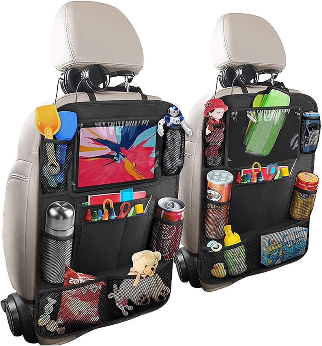Set van 2 auto-achterbankbeschermers, auto-achterbank-organizer voor kinderen, autostoel-organizer, iPad/Tablet-compartiment, kickmat-beschermer voor autostoel, 600D Oxford-stof, waterdichte achterbankbeschermer (zwart)