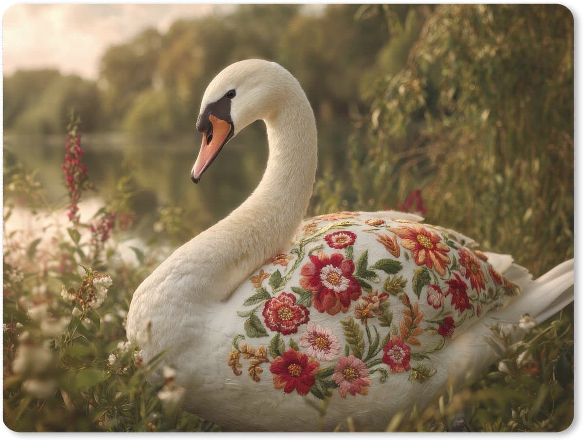 Muismat XXL 80x60 cm - Bureau onderlegger - Bureau mat Zwaan - Bloemen - Natuur - Bureaumat - Gaming mousepad xl - Bureaulegger groot - Computer deskmat