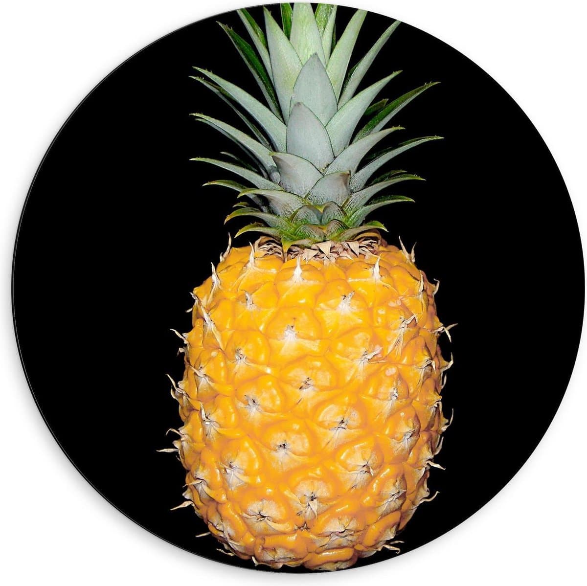 Dibond Wandcirkel - Ananas met een Zwarte Achtergrond - 60x60cm Foto op Aluminium Wandcirkel (met ophangsysteem)