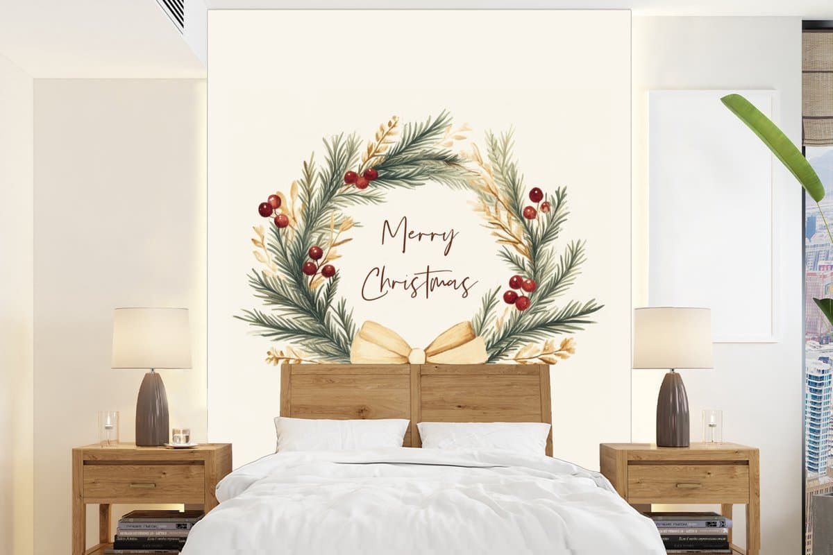 Behang - Fotobehang Kerstkrans - Kerst - Goud - Beige - Breedte 175 cm x hoogte 240 cm