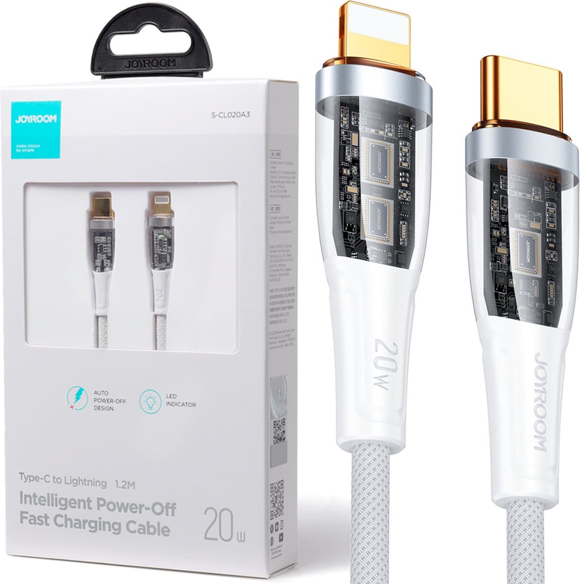 Joyroom - snellaadkabel - met slimme schakelaar USB-C - Lightning 20W 1,2m wit - (S-CL020A3)