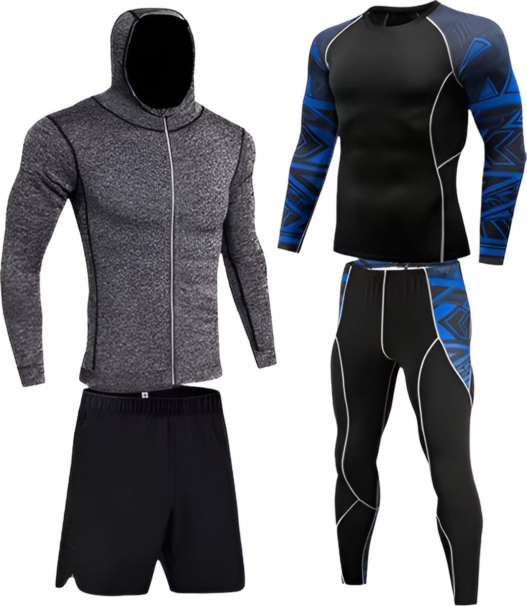 E-shop4u® - Winter Thermokleding Set Mannen - 4-delig Thermisch Ondergoed - Heren - Compressie - Snel Drogend - Ademend - Lente/Zomer/Herfst/Winter - 3XL - Grijs/Blauw