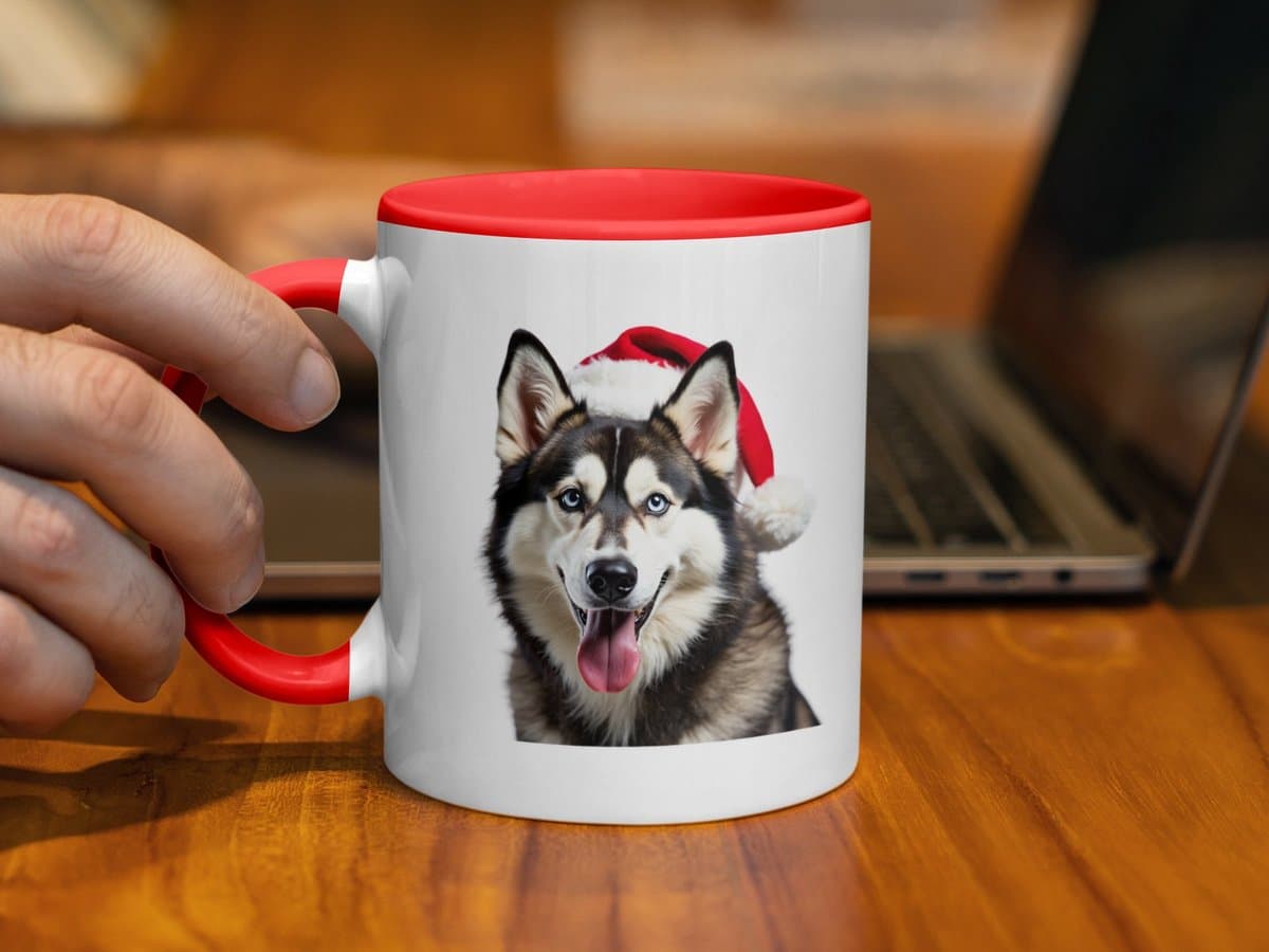 Kerstmok met Siberian Husky ontwerp, Siberische Husky rode binnenkant mok, kerstcadeau hond, schattige Husky mok, Hond met kerstman hoed, Merry Christmas