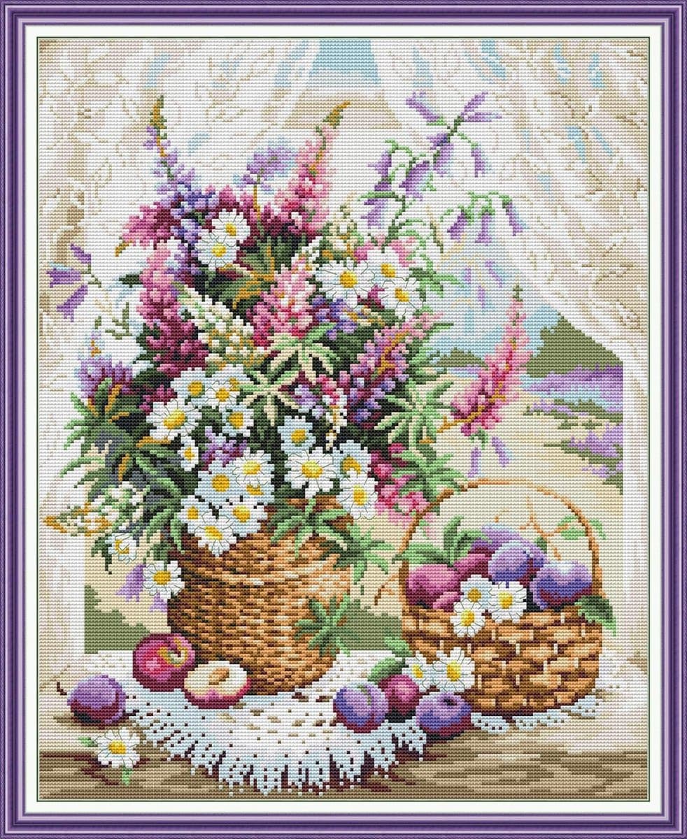 14CT voorbedrukt kruissteek borduurwerk, compleet assortiment startersets voor beginners, bloemenmand voor vensterbank, 40 x 48 cm