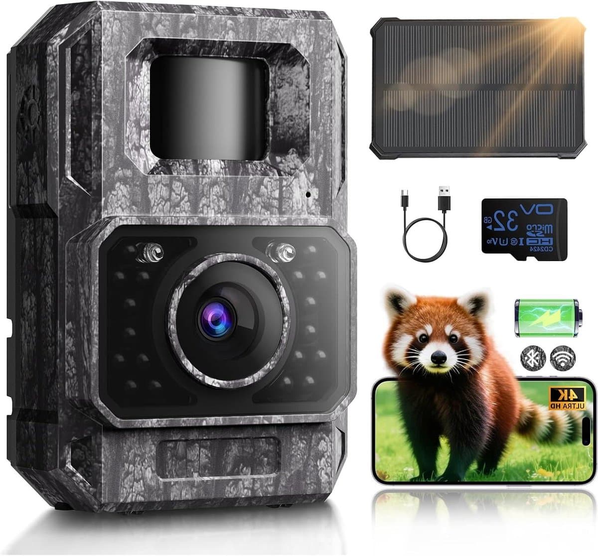 Wildcamera op zonne-energie - Trailcamera met wifi - Dieren observeren - Snelle 01s activering - 4K 64MP - Taupe