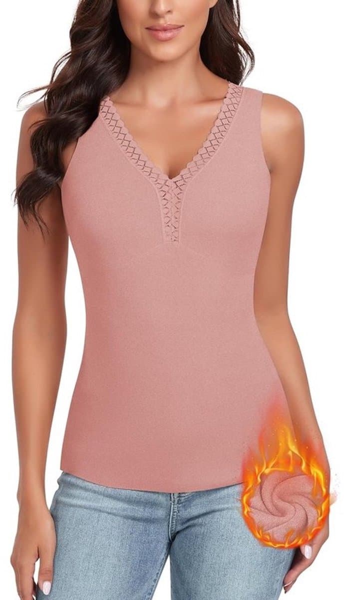 WOWENY Dames thermische top met kant, mouwloos, winter, V-hals, fleece