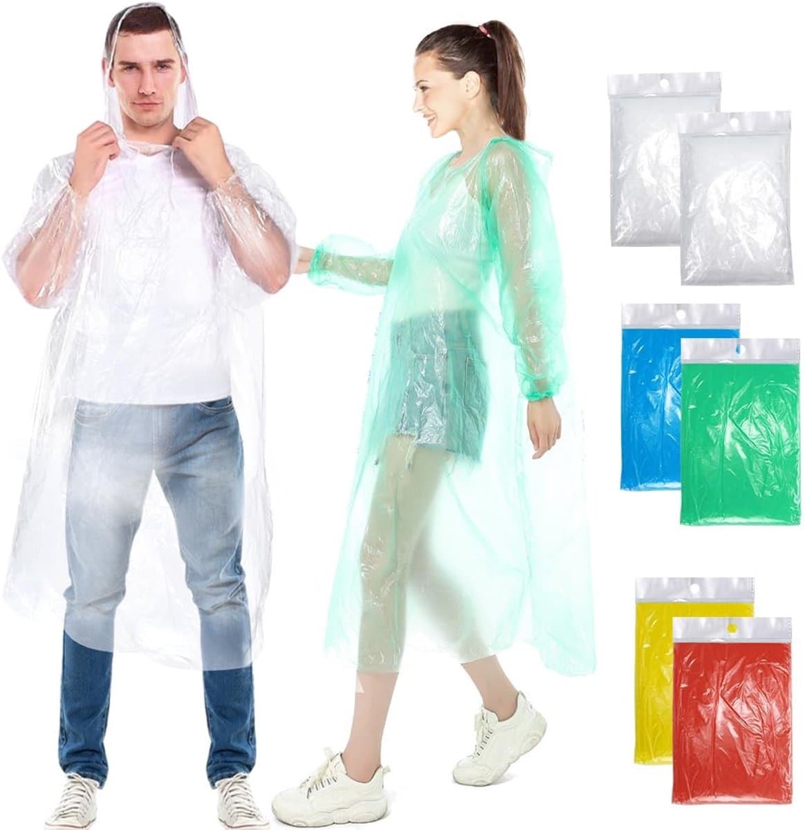 Dailygoods- Regenponcho 100% waterdicht - Wegwerpponcho 6/10 stuks - Capuchon met trekkoord - Elastische mouwen - Lichtgewicht 43 gram - Ideaal voor openluchtconcerten - Regenjas