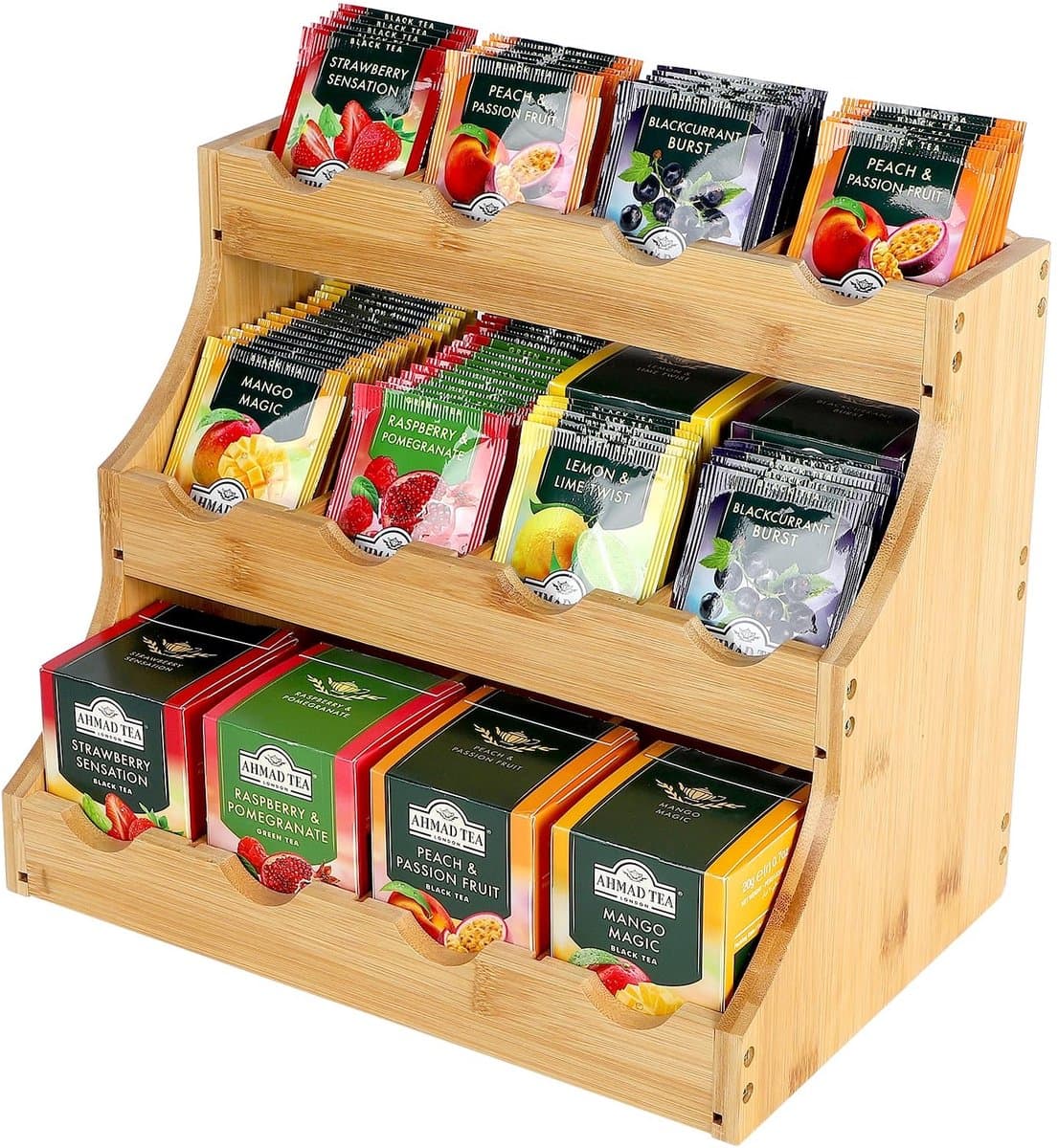 Dailygoods- Theeorganizer Bamboe - Verticale Houder - 12 Vakken - Voor Theezakjes/Koffie - Duurzaam - Ruimtebesparend Ontwerp - Theehouder