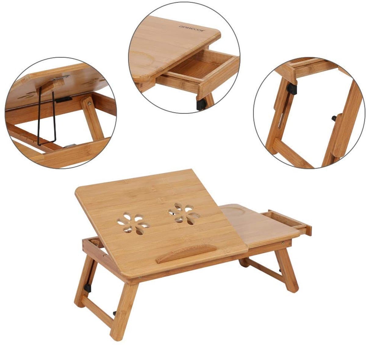 Dailygoods- Tafel met Warmteafgifte Functie - Bamboe Laptop Bureau - Antislip - Verstelbare Poten - Afneembaar Bureaublad - Lichtgewicht 2,2 kg - Laptoptafel