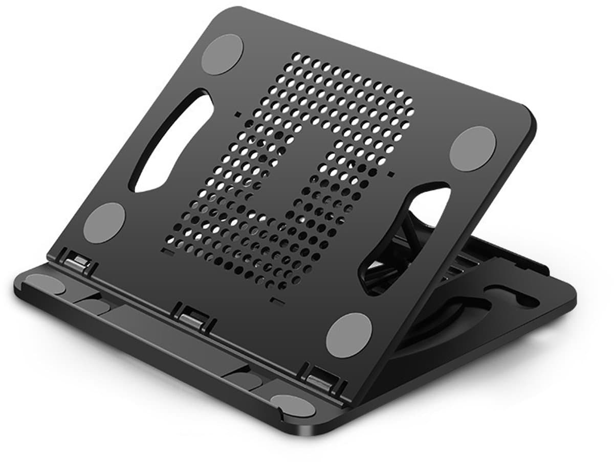 Zwarte ergonomische laptopstand met volledige 360° rotatie, traploos verstelbaar en draagbaar, voorzien van ventilatieopeningen, universeel geschikt voor notebooks van 11 tot 17 inch