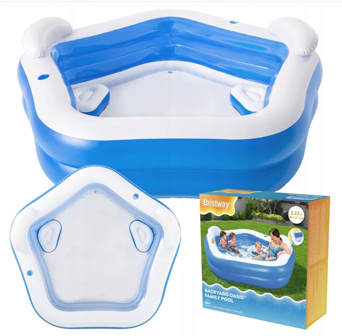 Bestway Opblaasbaar Zwembad - PVC, 213 x 207 x 69 cm, Blauw en Wit