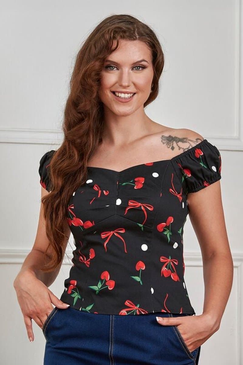 Banned Babe cherries and bows top Dames Top - zwart - S