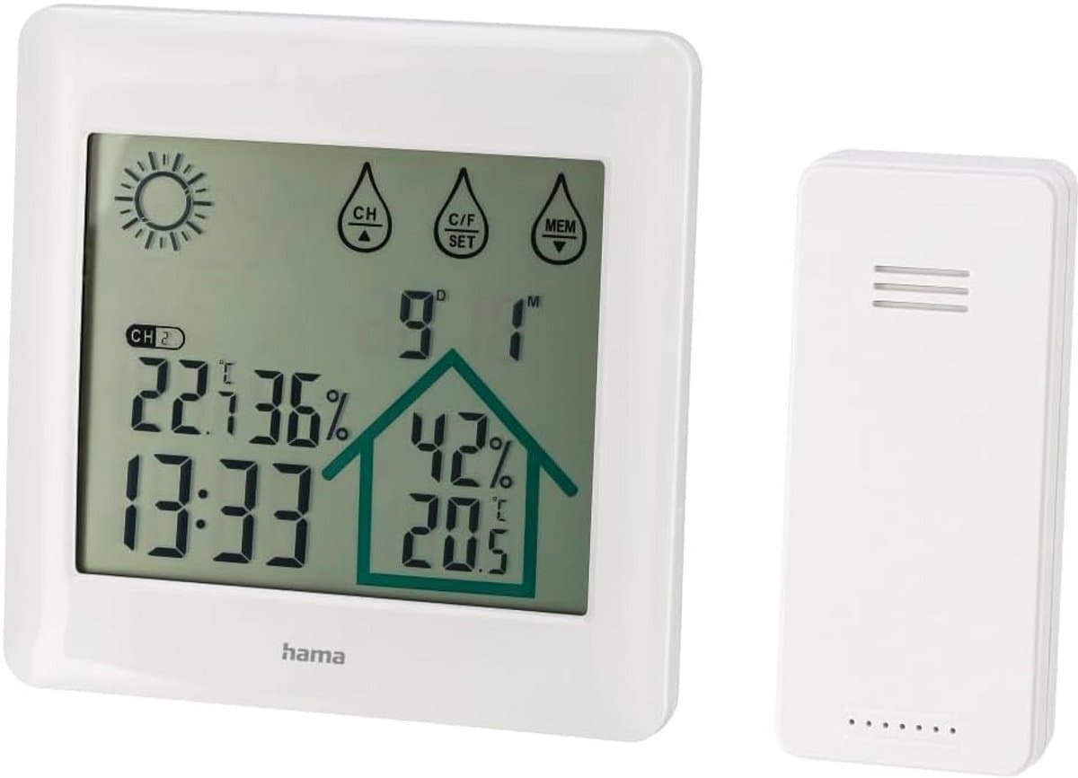 Draadloze Weerstatiestation - Weerstation Binnen Buiten - Weer Monitoren - Inclusief Buiten Sensor - 12x12x2 cm - Wit
