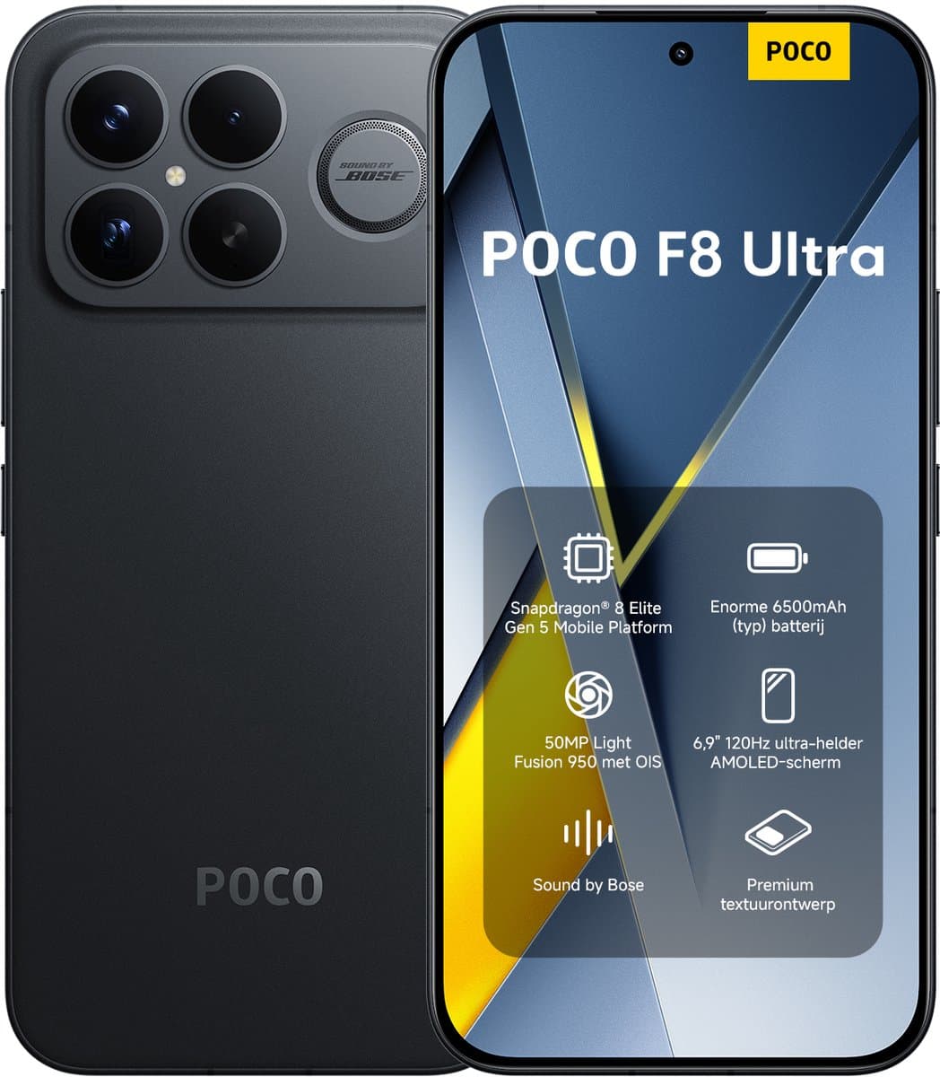 POCO F8 Ultra Zwart 12 GB RAM 256 GB ROM, 6,9 inch AMOLED-scherm 120 Hz, 50 MP Light Fusion 950 Camera met OIS, Bose-gesigneerd geluid, 6500 mAh batterij, Origineel met officiële garantie eSIM, Dual SIM, NFC