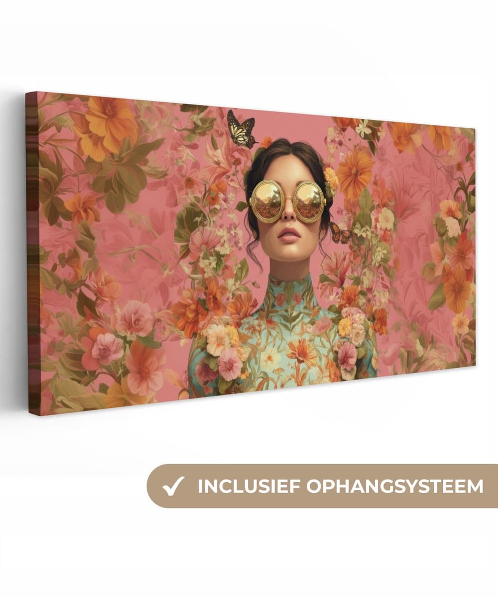 Canvas schilderij 160x80 cm - Exclusieve wanddecoratie Vrouw - Bril - Roze - Bloemen - Muurdecoratie woonkamer - Slaapkamer decoratie - Kamer accessoires - Schilderijen op canvas