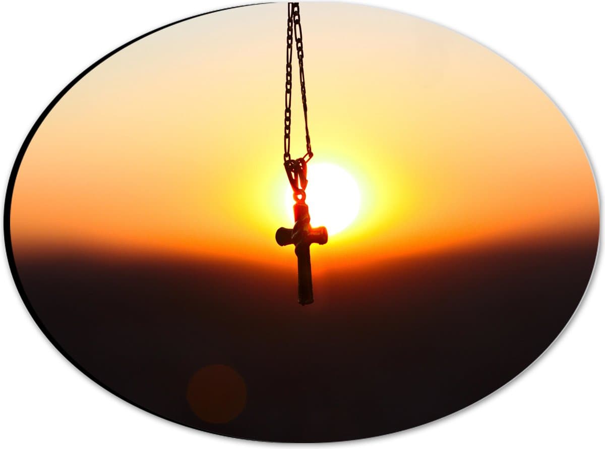 Dibond Ovaal - Kerkelijk Kruis Hangend aan Ketting tegen Fel Zonlicht - 28x21 cm Foto op Ovaal (Met Ophangsysteem)