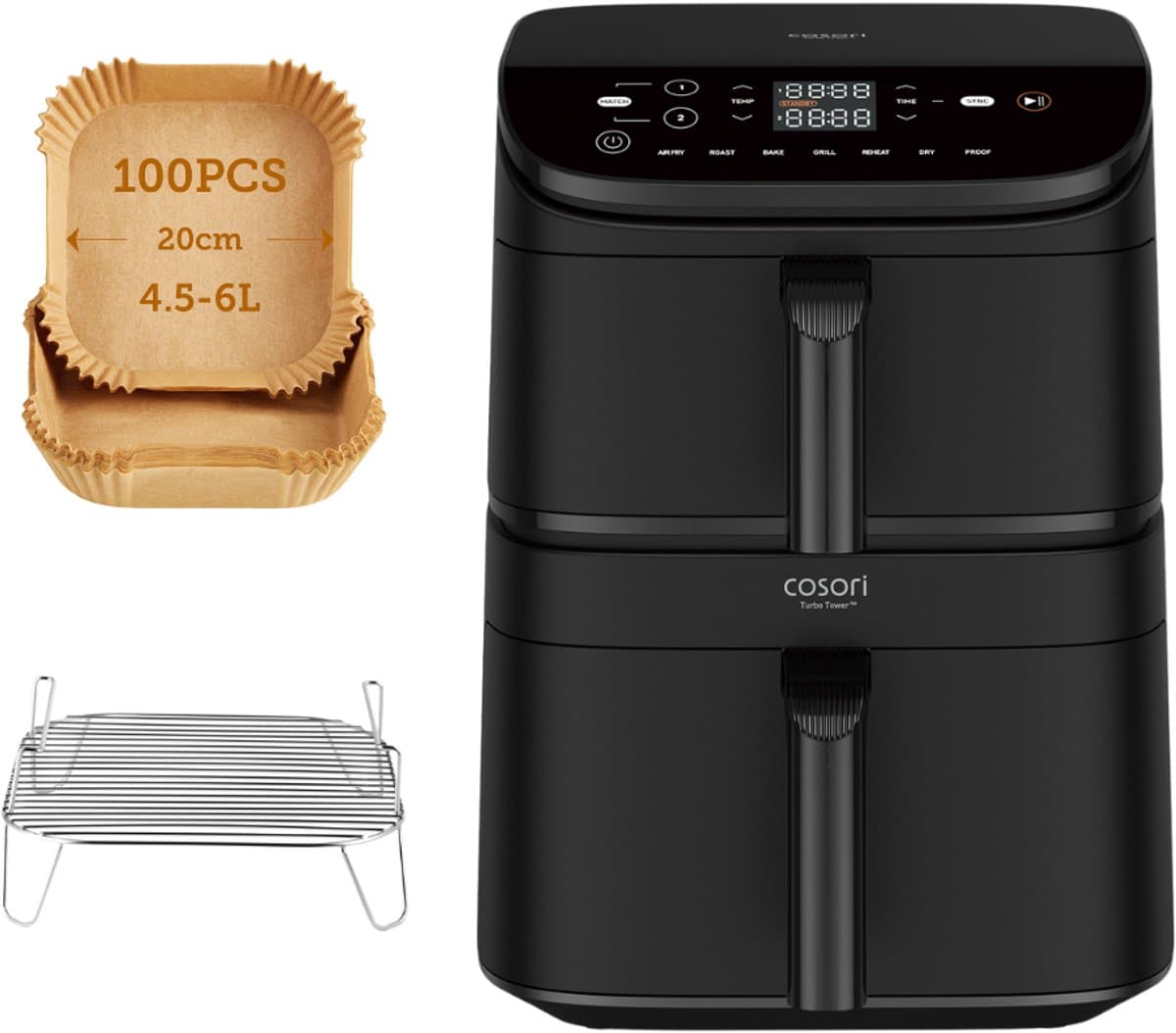 Cosori XXL Airfryer Turbo Tower - 10.8 liter inhoud - 2 manden apart in te stellen - 7 programma's - met 100 stuks bakpapier