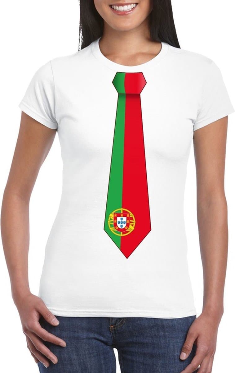 Wit t-shirt met Portugese vlag stropdas dames - Portugal supporter S