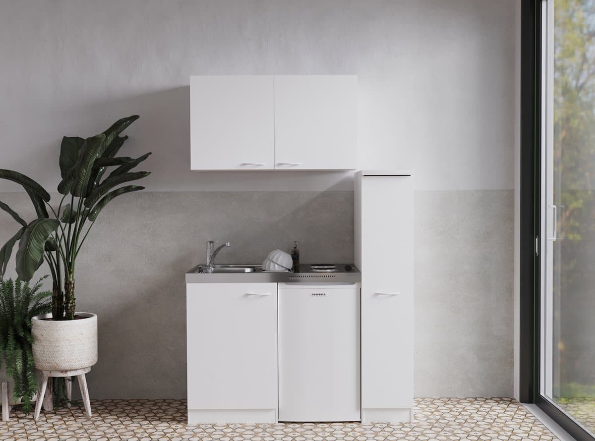 Goedkope keuken 130  cm - mini keuken met apparatuur Levin - Wit/Wit - elektrische kookplaat  - koelkast          - kleine keuken - compacte keuken - keukenblok met apparatuur
