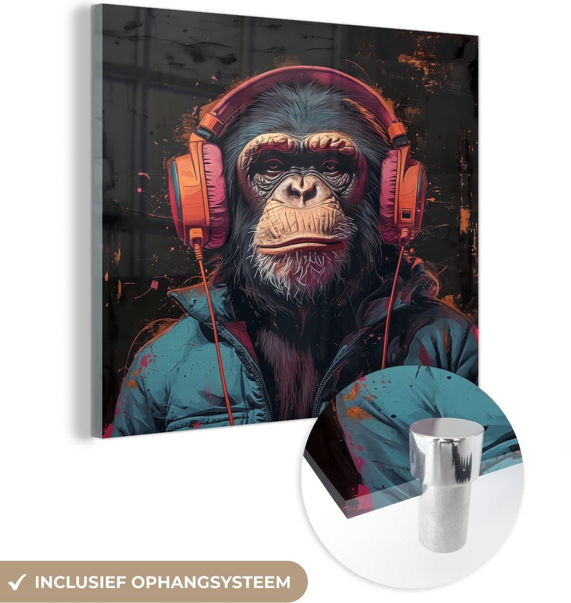 MuchoWow® Glasschilderij 90x90 cm - Schilderij acrylglas - Graffiti - Chimpansee - Koptelefoon - Aap - Foto op glas - Muurdecoratie woonkamer - Wanddecoratie slaapkamer - Schilderijen