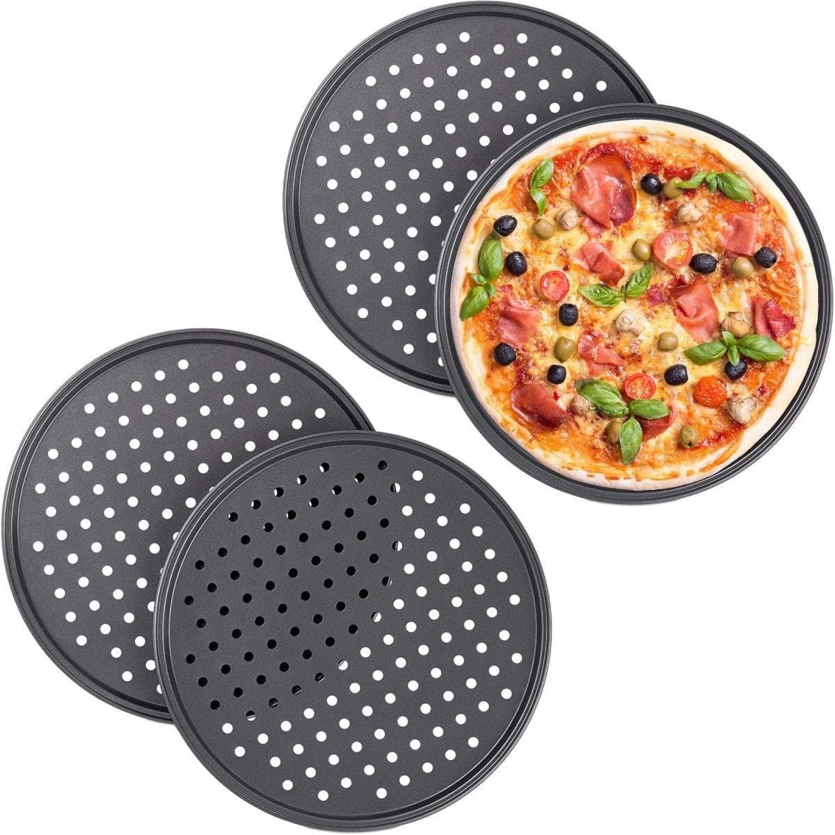 GELLDG Pizzaplaat rond - Pizza bakplaat - Antiaanbaklaag - Geperforeerd grijs - Rond - 4 stuks