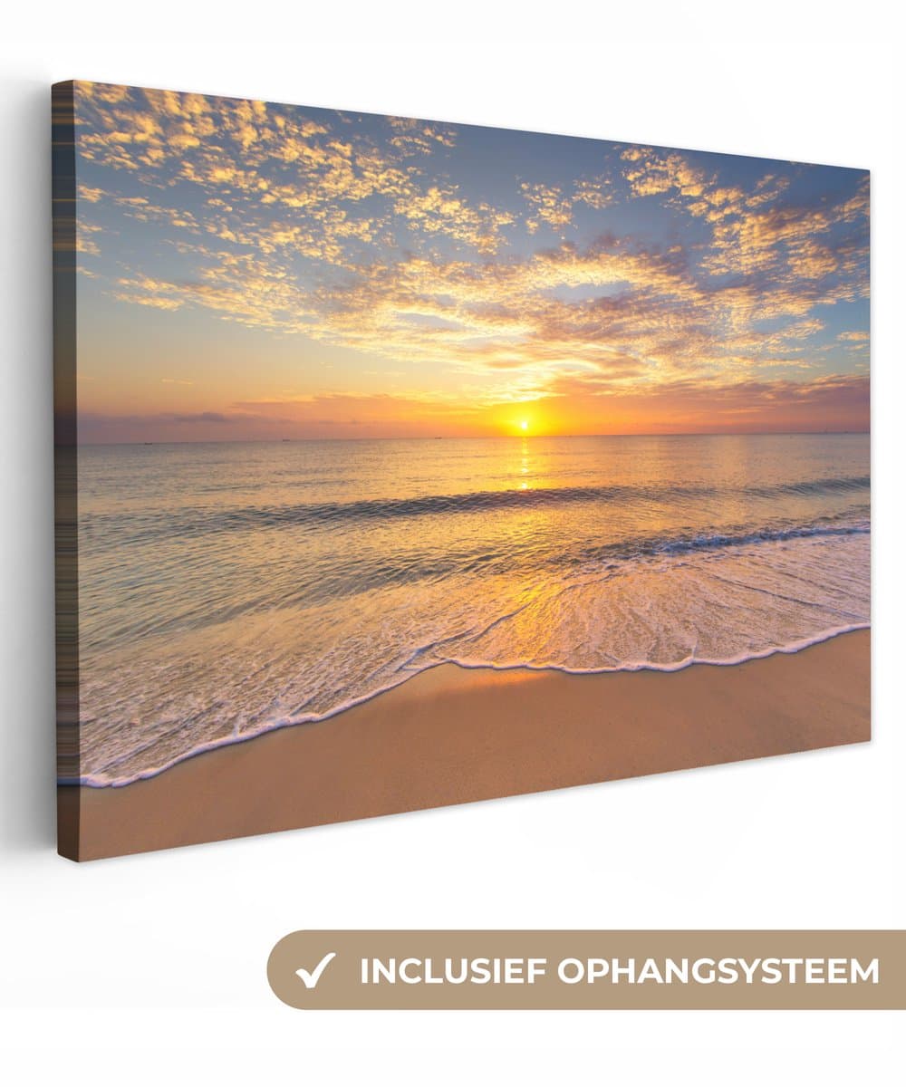 Canvas schilderij zonsondergang 90x60 - Kamer decoratie strand en zee - Schilderijen woonkamer natuur - Wanddecoratie slaapkamer - Muurdecoratie keuken - Wanddoek interieur binnen - Woondecoratie huis - Woonaccessoires