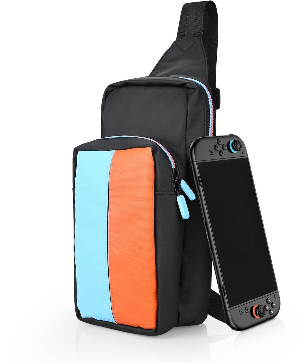 Crossbody Reistas voor Nintendo Switch 2 van MMOBIEL – Draagbare Schoudertas voor Joy-Cons, Console & Accessoires – Verstelbare Schouderband - Gaming Draagtasje met Opbergruimte – Blauw/Oranje