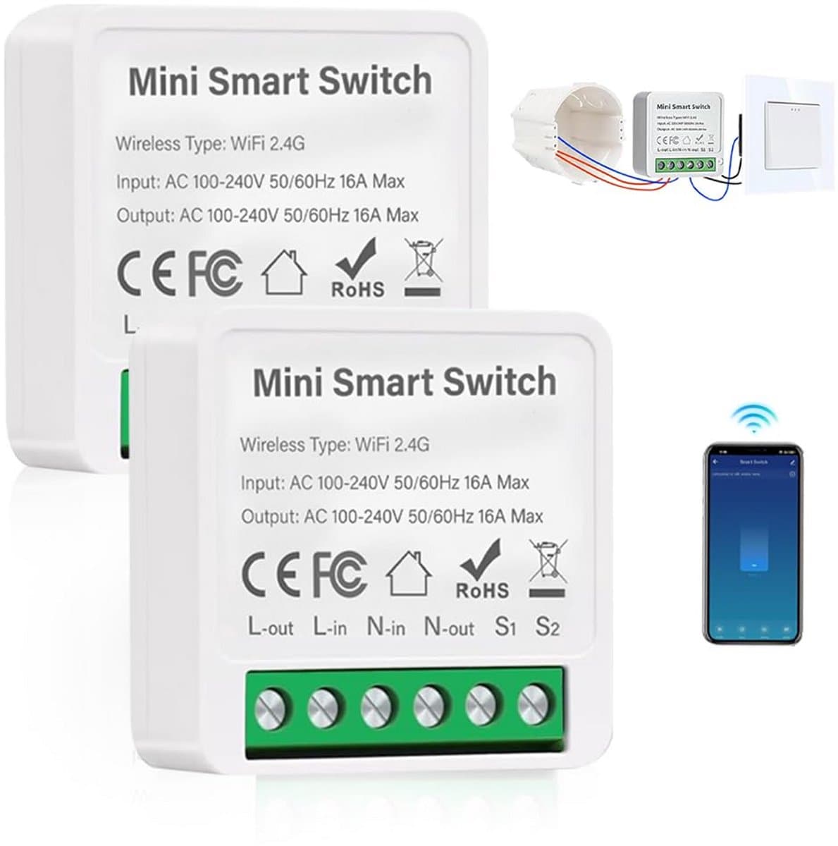 2 Stuks Slimme Wifi Lichtschakelaar Module voor Alexa & Google Assistant - Vereist Nulgeleider