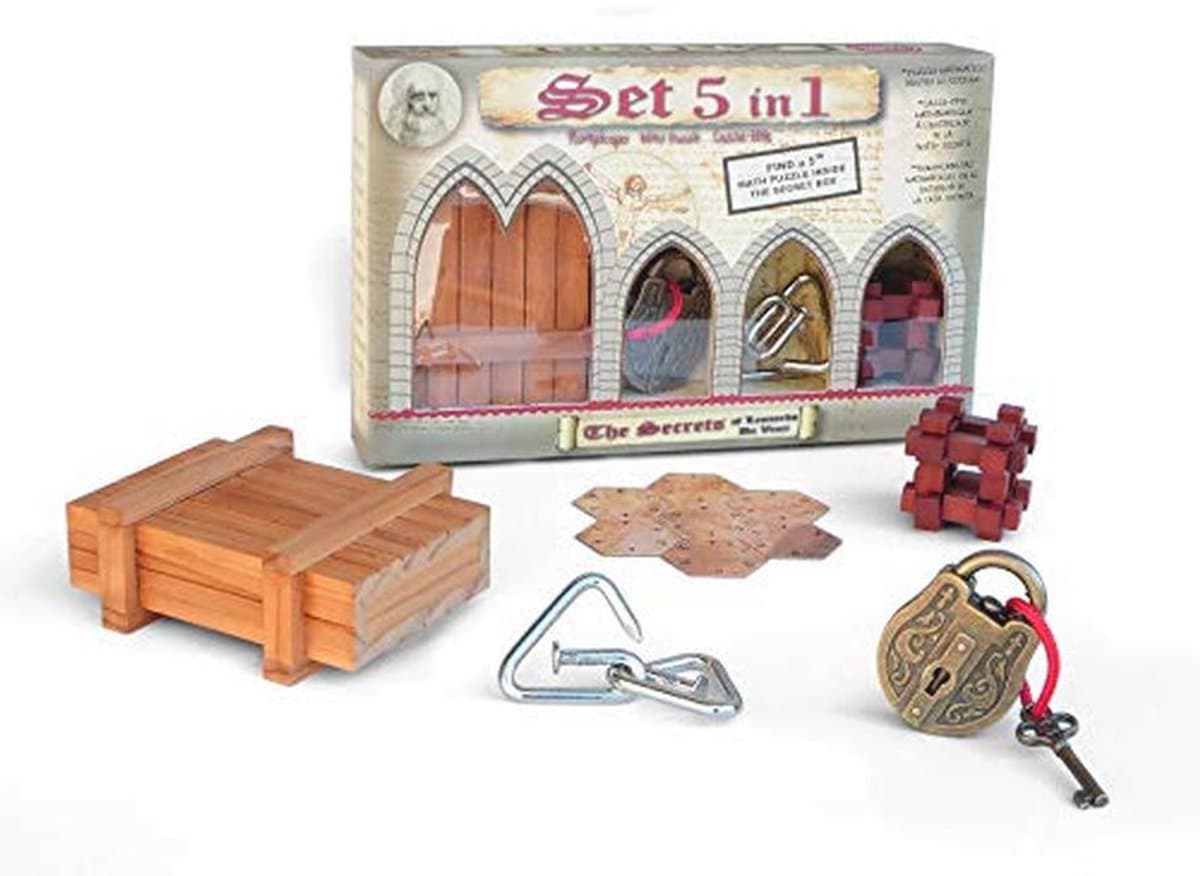 5-in-1 Houten en Metalen Puzzelset met Wiskundige Uitdagingen