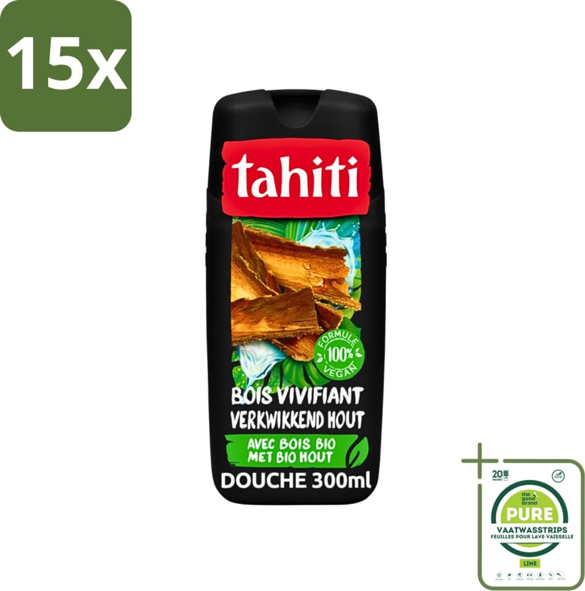 15 x Tahiti - Douchegel - Verkwikkend Bio Hout - 100% Vegan - 300 ml - Grootverpakking - Douchegel - Houtgeur - Verfrissend - Hydraterend - Ginseng