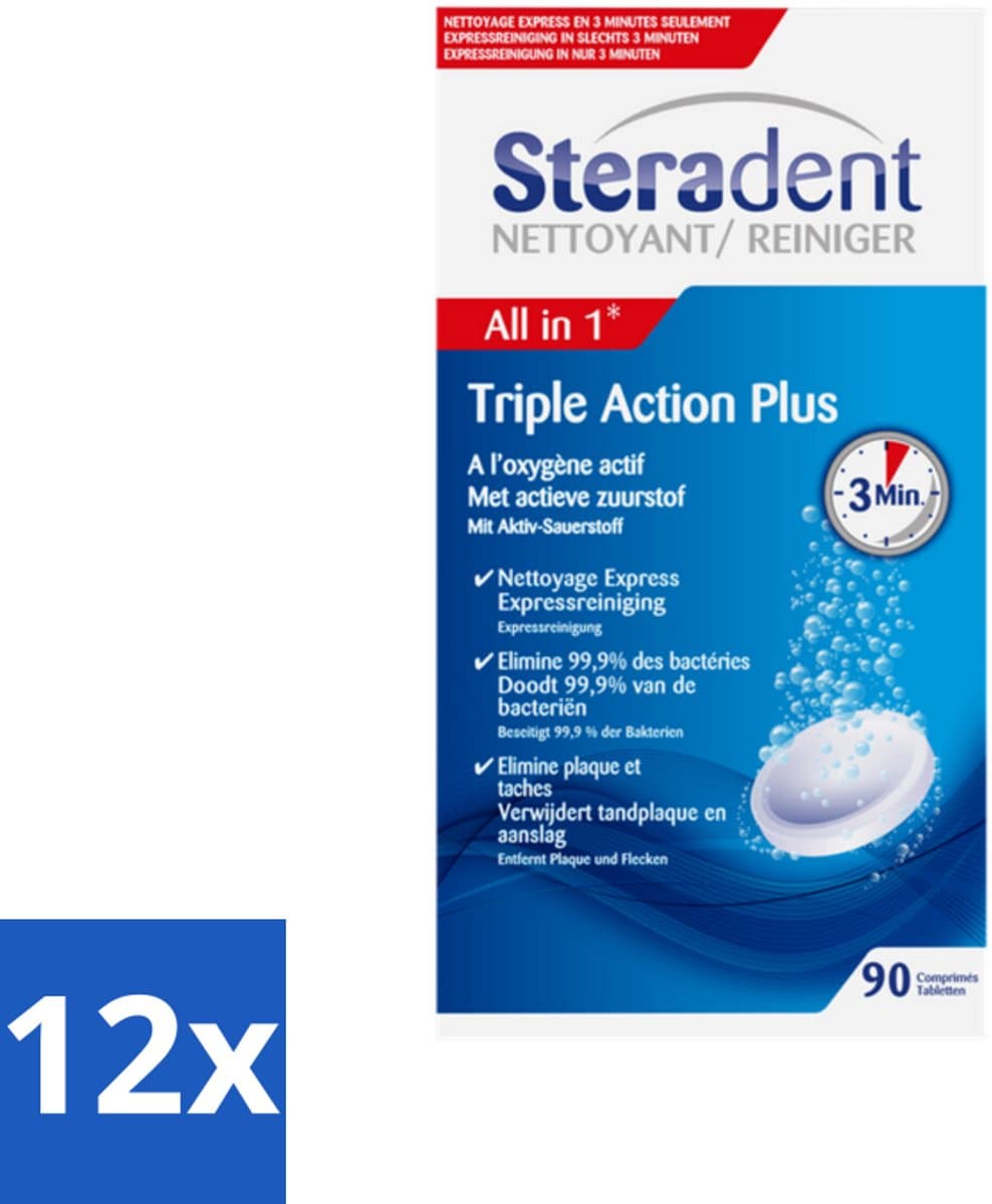 Steradent - Kunstgebitreiniger - Tegen Tandplak En Aanslag - 90 Tabletten - Voordeelverpakking - 12 stuks