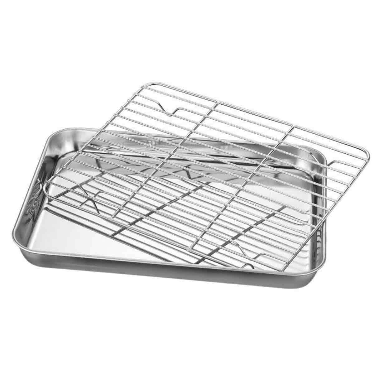 Gigicial Roestvrijstalen kom - Diepe ovenbestendige bakplaat - Geschikt voor grillen en gebruik in de oven, met uitlekrek - 1 stuk - Geschikt voor varkenskarbonades, vis en groenten - Zilver