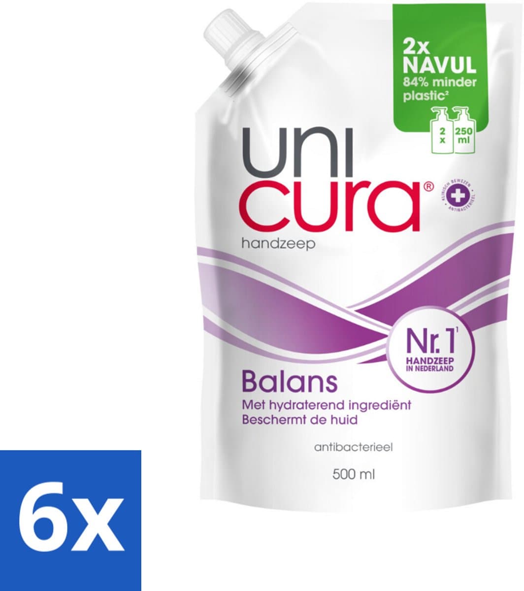 Unicura – Vloeibare Handzeep Navulling – Balans – 500 ml - Voordeelverpakking - 6 stuks