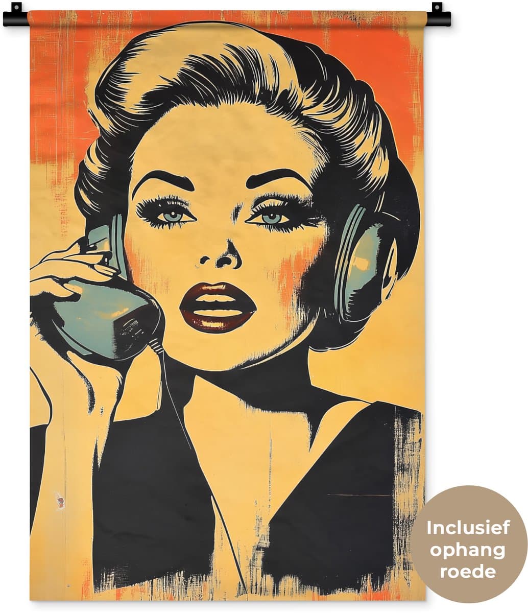 Wandkleed 60x90 cm - Wanddoek Retro - Vrouw - Koptelefoon - Oranje - Wandtapijt - Wandkleden