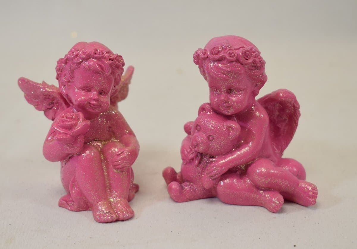 ZoeZo Design - 2 stuks - kerstset - engel - kerstengel - kleine engeltjes - roze - pink - glitter - 2 beeldjes - polyresin - Hoogte 6,5 cm